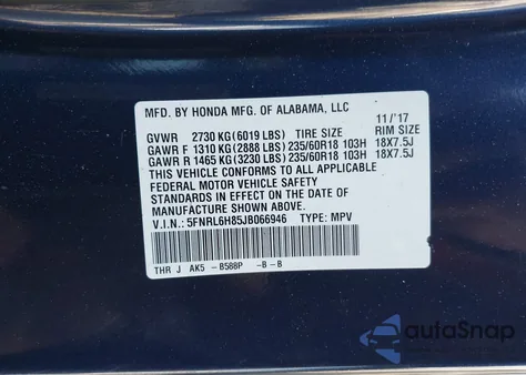 2018 Honda Odyssey Touring z USA, uszkodzony, nr VIN 5FNRL6H85JB066946